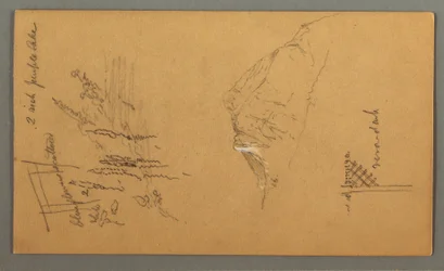 Teckning, bergstopp, vegetation vid pool, 1868