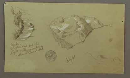 Teckning, bergstoppar, flod, juli 1868