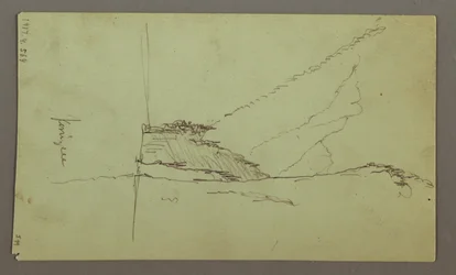 Teckning, bergstoppar, flod, juli 1868