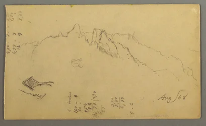 Teckning, bergstoppar, vägkantshelgedom, augusti 1868