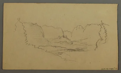 Teckning, bergstoppar, vägkantshelgedom, augusti 1868