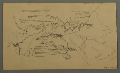 Teckning, Bergstoppar, Två figurer i en roddbåt, augusti 1868