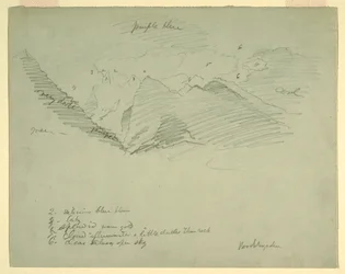 Teckning, Bergstoppar nära Berchtesgaden, Bayern, juni-juli 1868