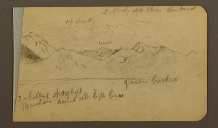 Teckning, bergskedja; Verso: Berg, molnig himmel, 1889