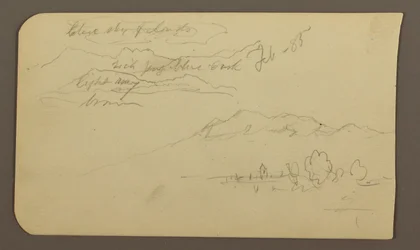 Teckning, Bergskedjor, Cuautla, Kyrka; Averso: Hukande häst, Landskapsnoteringar, februari 1885