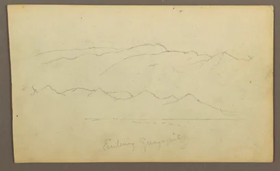 Teckning, bergskedjor "som går in i Guayaquil"; Verso: Flodbank, botaniska skisser, möjligen 1857