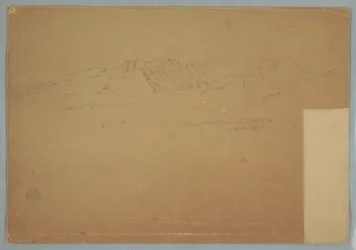 Teckning, Bergskedjor med karga toppar, nära Machachi, Ecuador, 19 juni 1857
