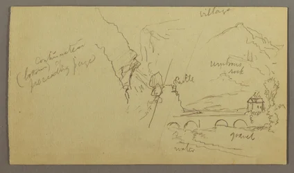 Teckning, Bergsdal, Bro, Byggnader, möjligen 1868-69