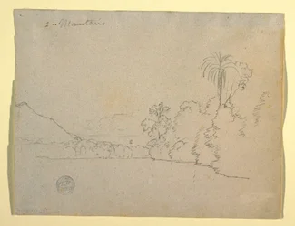 Teckning, bergig strand av en bukt, Sydamerika, 1853