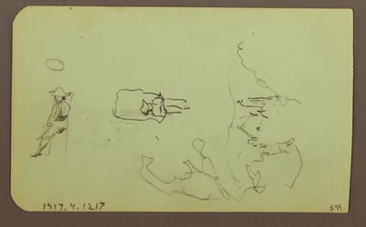 Teckning, Berg, Kyrka; Verso: Figurer, Kyrka, 1883