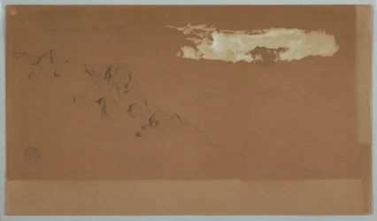 Teckning, berg nära Mocho, Ecuador, visar troligen Mt. Chimoborazo inramat av moln, 16 juni 1857