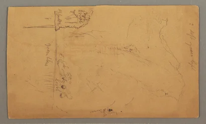 Teckning, Berg reser sig över sjö, juli möjligen 1868