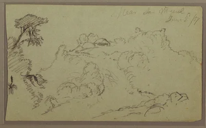 Teckning, nära San Miguel, Ecuador; baksida: Ofullbordad bergsskiss, 2 juni 1857