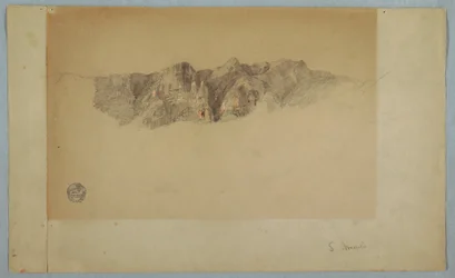 Teckning, del av en sprickig bergskedja, troligen Ecuador eller Colombia, 1853 eller 1857