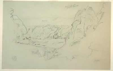 Teckning, Petra, Jordanien från väster, med palatset och de korintiska gravarna, 26 februari 1868