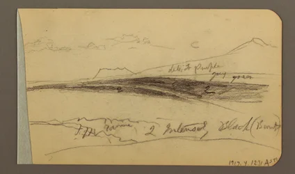 Teckning, Slätt, kulle, stad; Verso: Bergskedja, 1889