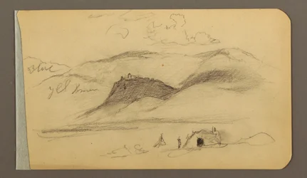 Teckning, Slätt, kulle, stad; Verso: Bergskedja, 1889