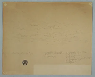 Teckning, Regn som faller från en molnig himmel över bergsryggar, Hacienda Chillo, Ecuador, 27 juli 1857