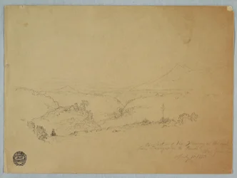 Teckning, Minnesbild av landskapet på vägen från Fusugasuga till Pandi, New Granda, Colombia, 11 juli 1853