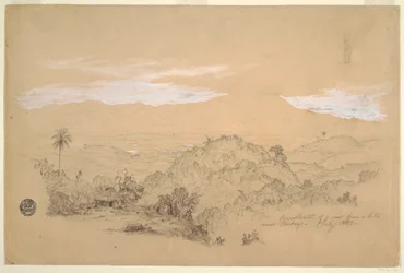 Teckning, Minnen av en utsikt från en kulle nära Cartago, Colombia med en kvinna som bär en vattenkanna på huvudet, juli 1853