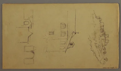 Teckning, Recto: Blank; Verso: Fortree on Hilltop, Two c, Gateway, möjligen 1868-69