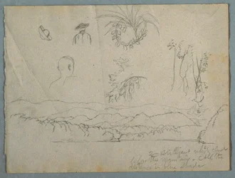 Teckning, flodbank med berg och moln, tre botaniska skisser och byststudier av män med hattar, 1853