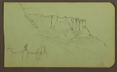 Teckning, klippvägg, pilaster; Verso: Bergslandskap, figurer, 1883