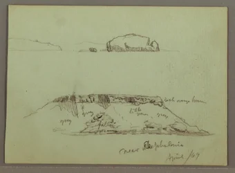 Teckning, Klippor framför kustlinjen, Klippiga klippor vid kustlinjen, april 1869