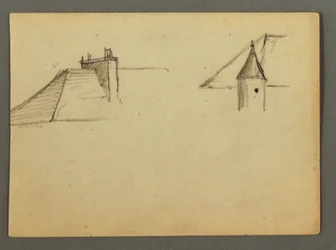 Ritning, tak med skorsten, torn, möjligen 1868