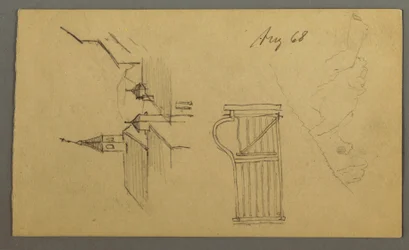 Ritning, hustak, port, bergstoppar, augusti 1868