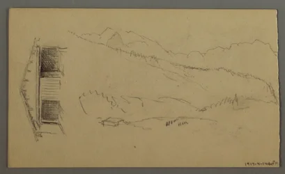 Ritning, hustak, port, bergstoppar, augusti 1868