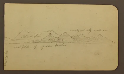 Teckning, kargt berg över slätt; a tergo: Figurer, landskap, 12 december 1884