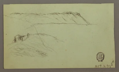 Teckning, Ruiner omgivna av murar, tält, två figurstudier, 28 april 1868