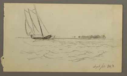 Teckning, Segelbåt rider på vågor, 1860