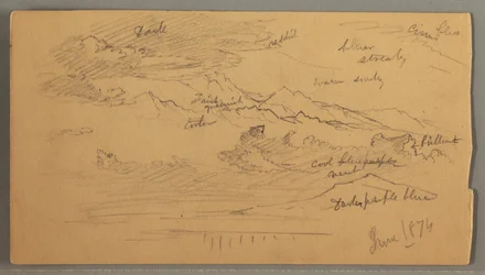 Teckning, Skarpa bergstoppar, molnig himmel, juni 1874