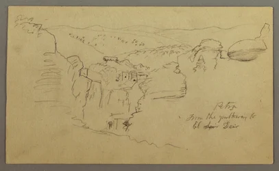 Teckning, Skiss. Vy över Khirbet en Wasara "Petra / från gångvägen till / El Deir", möjligen 1868, 26 februari