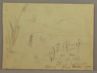 Teckning, Skisser från Italien: Byggnad med torn, berg och människa, 29 april 1869