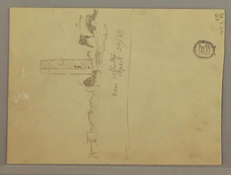 Teckning, Skisser från Italien: Byggnad med torn, berg och människa, 29 april 1869