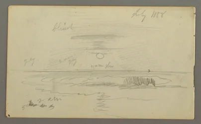 Teckning, Himmel med låg sol över vatten, juli 1858