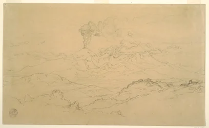 Teckning, Rök stiger upp från vulkanen Cotopaxi, Ecuador, 1857