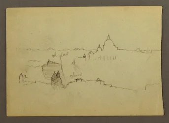 Teckning, Peterskyrkan sedd från norr mot Roms kullar och silhuett, januari 1869