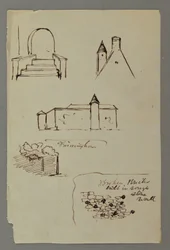 Ritning, Trappor, tak med torn, stenmur, möjligen 1869