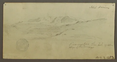 Teckning, Stately Home, Figur ridande på kamel, Arkitekturstudier, Palmträd, möjligen 1868