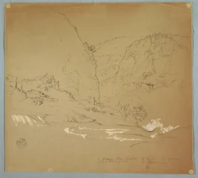 Teckning, Bäck som leder till kanten av vattenfallet nära Hacienda Chillo, Ecuador, 26 juni 1857