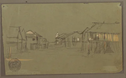 Teckning, Gata som leder till en kyrka,Guayaquil, Ecuador, maj 1857