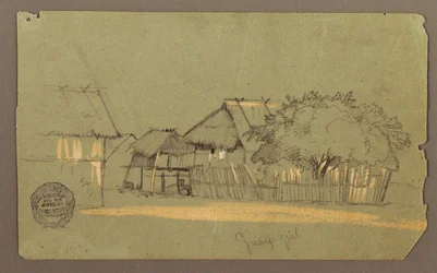 Ritning, Gata med hus, Guayaquil, Ecuador, maj 1857