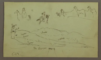 Teckning, Studier av figurer på åsnor och åsnor, figur på bergskedja, möjligen 1868
