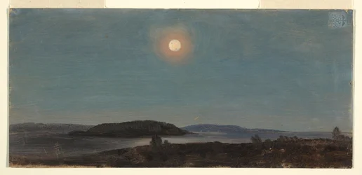Teckning, Sol eller måne som går upp över Porcupine Islands, Bar Harbor, ca 1860