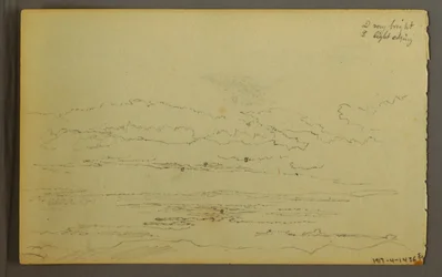 Teckning, Solnedgång bakom låga kullar, 1845