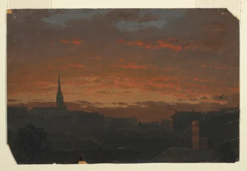 Teckning, Solnedgång vid Hudson, New York, ca 1860